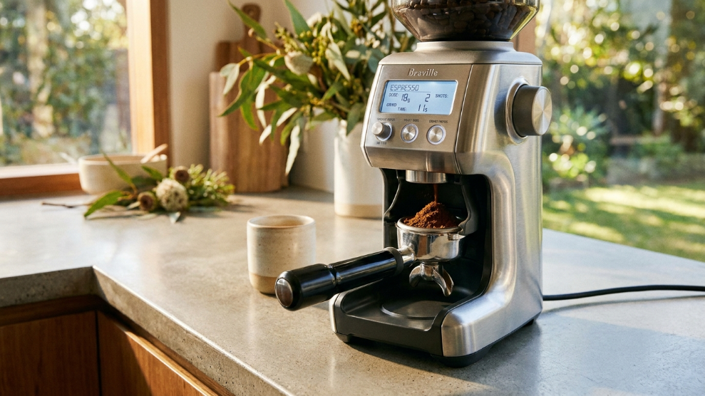 Breville Smart Grinder Pro with portafilter cradle and LCD display grinding espresso on an Australian kitchen bench