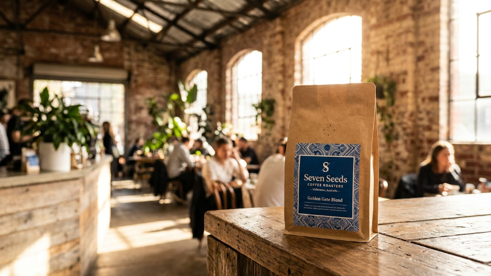 Seven Seeds Melbourne specialty coffee bag with House Blend and roastery warehouse interior with cycling artwork