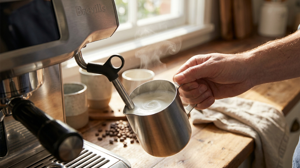 Breville Oracle Touch automatic steam wand texturing milk for a flat white in a small jug showing velvety microfoam