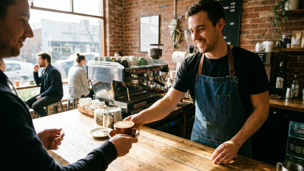A barista at a Melbourne specialty cafe handing over a perfectly made flat white in a white ceramic cup with latte art