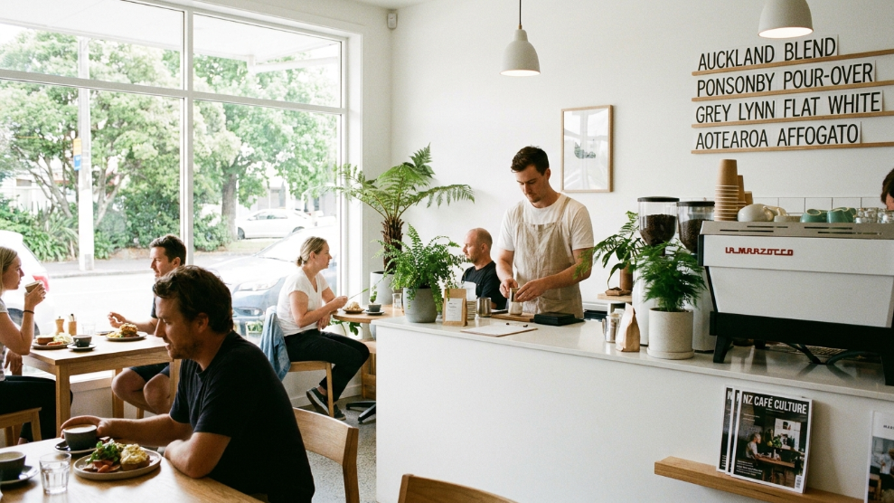 Auckland New Zealand specialty coffee scene showing a Grey Lynn or Ponsonby specialty cafe with flat white and single origin menu board 