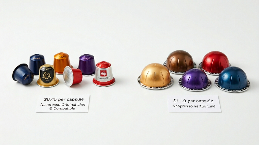 Nespresso pods comparison showing Original Line pods and Vertuo pods side by side with price labels indicating cost difference