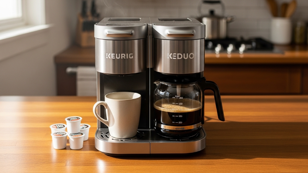 Keurig K-Duo showing both K-Cup pod single serve side and ground coffee carafe side on a kitchen bench