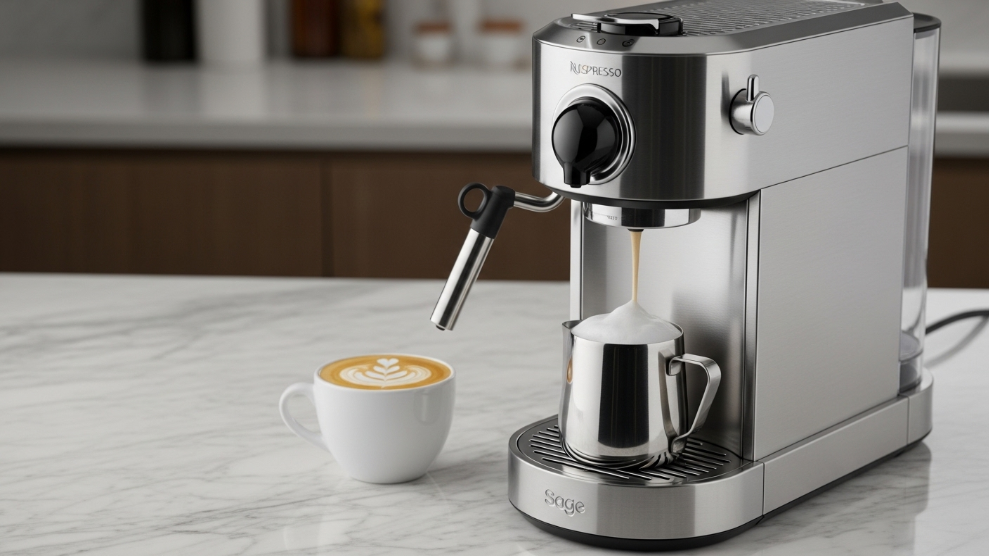 Sage Nespresso Creatista Plus pod coffee machine in stainless steel at John Lewis UK showing integrated steam wand and flat white being made