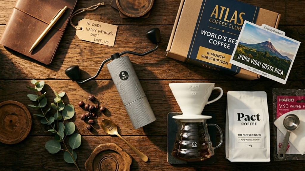 Premium coffee gifts for dad under 100 dollars showing TIMEMORE Chestnut C3S MAX manual grinder Atlas Coffee Club 6-month gift subscription box Pact Coffee V60 Starter Set and a specialty coffee experience voucher card as premium Father's Day gift ideas for coffee loving dads