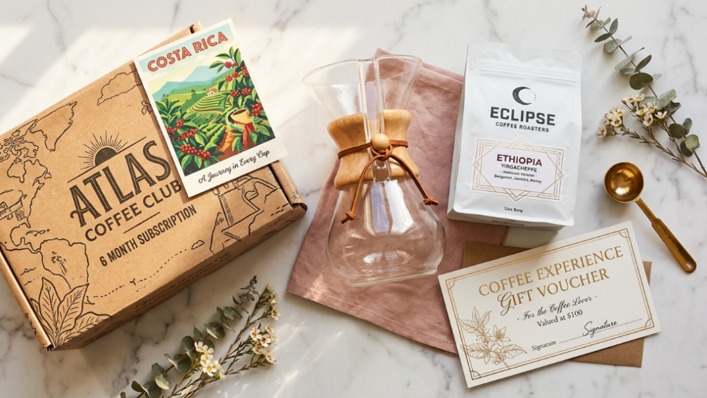 Premium coffee gifts for her under 100 dollars showing Atlas Coffee Club 6-month subscription gift box Chemex 3-cup glass coffee maker with specialty beans and filters and a coffee barista experience gift voucher card as premium women's coffee gift ideas