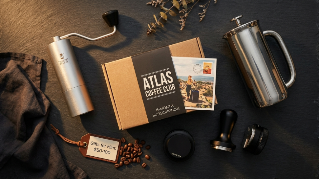 Premium coffee gifts for him under 100 dollars showing TIMEMORE Chestnut C3S MAX manual grinder Atlas Coffee Club 6-month subscription box Espro P6 French press and Normcore espresso puck prep kit tamper WDT tool knock box arranged as premium men's coffee gifts