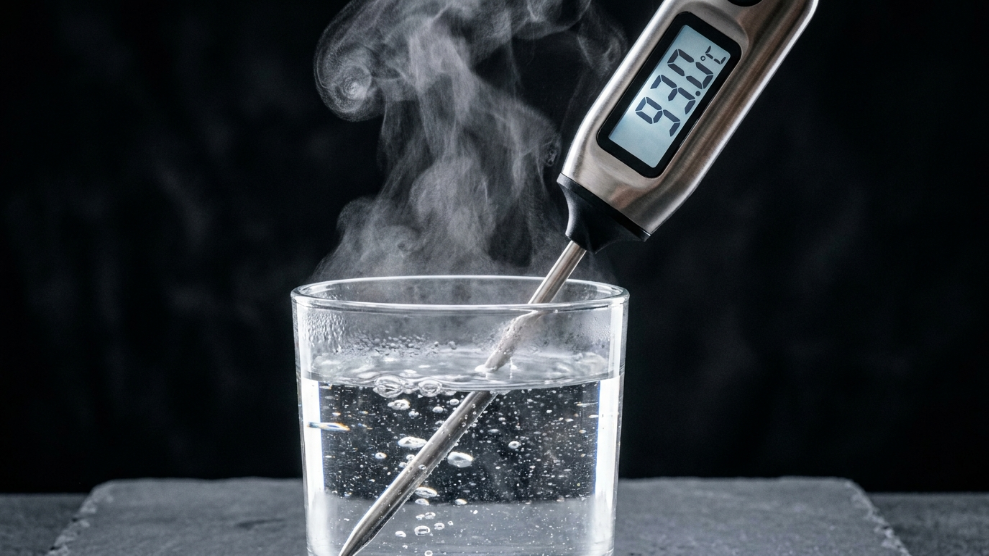 Digital thermometer showing water temperature for espresso at 93 degrees Celsius