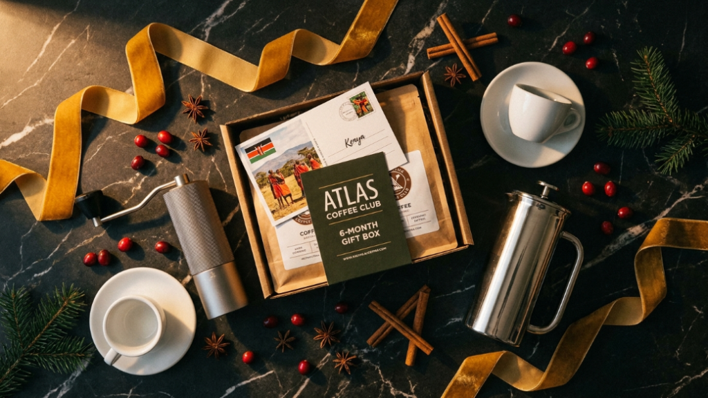 Premium Christmas coffee gifts under 100 dollars showing Atlas Coffee Club 6-month subscription gift box TIMEMORE Chestnut C3S MAX manual grinder Espro P6 French press NotNeutral Lino espresso cups set and Acme cups from New Zealand as premium holiday coffee gift ideas