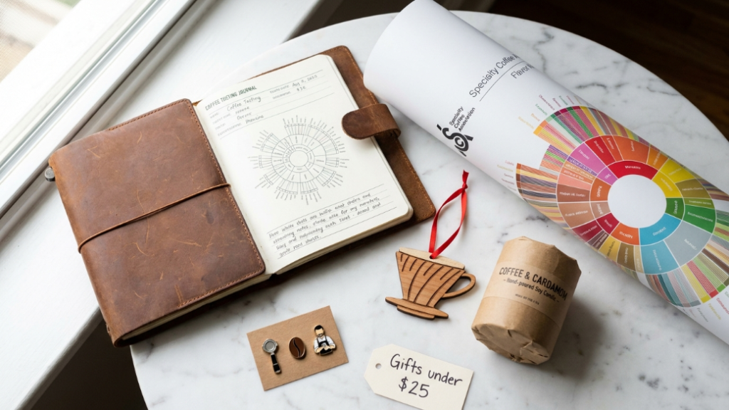 Coffee lifestyle gifts under 25 dollars showing a leather cover coffee tasting journal open to tasting notes pages SCA coffee flavour wheel printed poster pour-over coffee Christmas ornament elegant coffee scented soy candle and set of coffee enamel pins as thoughtful lifestyle gift ideas under $25