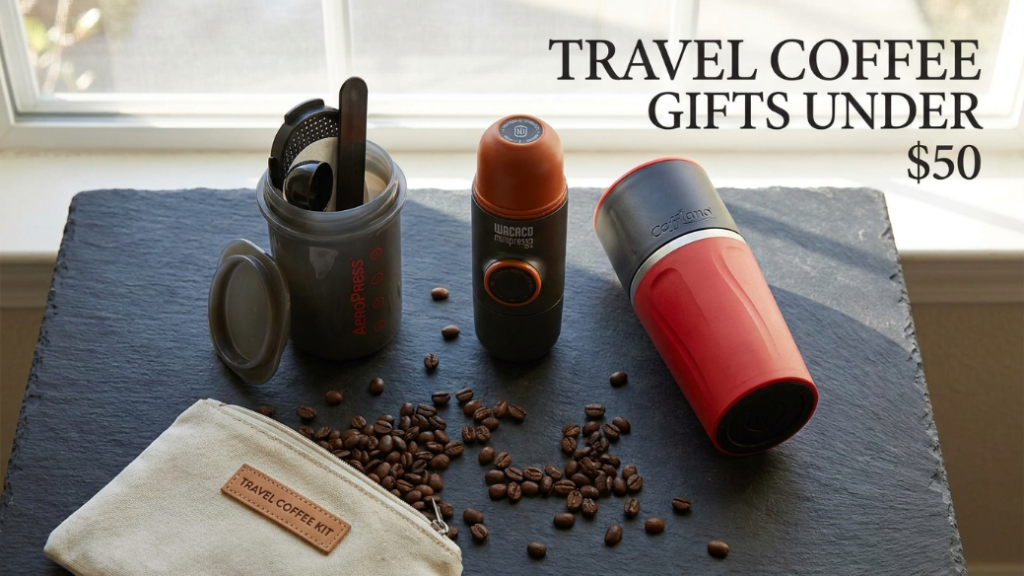 Travel coffee brewing gifts under 50 dollars showing AeroPress Go coffee maker inside its travel mug with accessories Wacaco Minipresso GR portable espresso maker and Cafflano Kompact travel coffee brewer as the best portable coffee gifts under $50