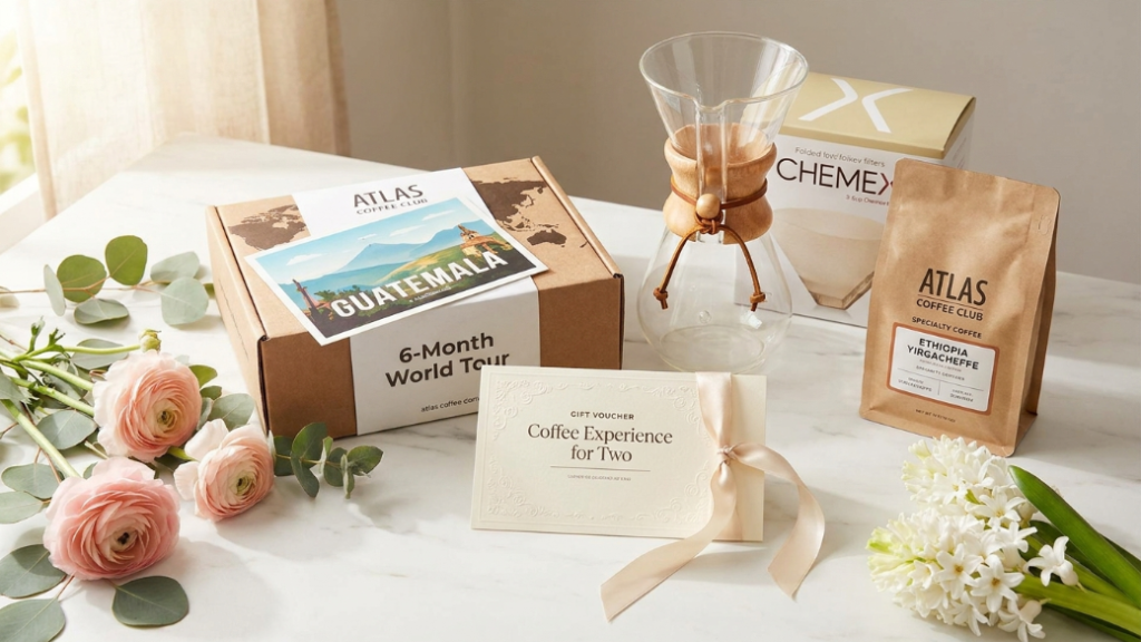 Premium Mother's Day coffee gifts under 100 pounds showing Atlas Coffee Club 6-month subscription gift box with postcard and specialty bag Chemex 3-cup glass coffee maker with specialty beans and filters and an elegant afternoon tea experience voucher card as premium gifts for mum