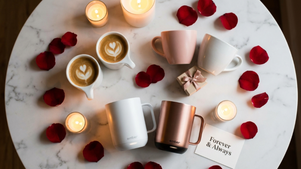 Valentine's Day matching coffee cups gift showing two NotNeutral Lino espresso cups in white side by side two Acme cups in complementary colours and a pair of Ember Smart Mugs in white and rose gold as romantic couples coffee gift ideas representing the shared daily ritual