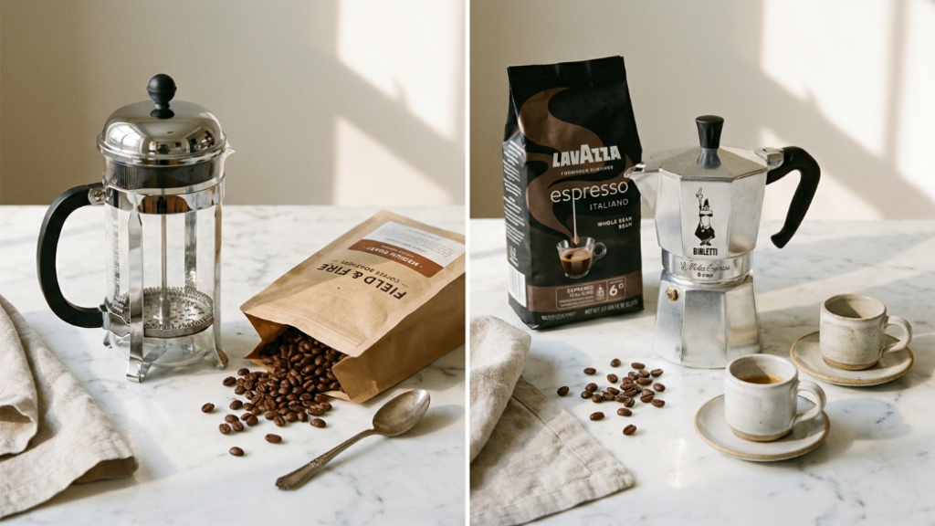 French press and stovetop coffee starter kits showing Bodum Chambord 8-cup French press in chrome with specialty medium roast bag and Bialetti Moka Express 6-cup with Italian espresso beans and two demi-tasse espresso cups as classic coffee starter kit options