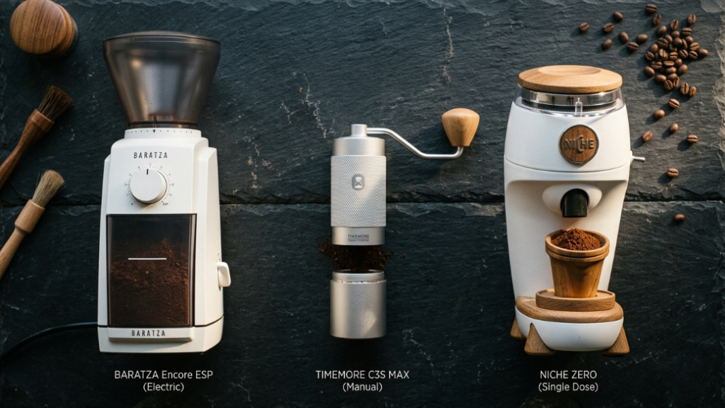 Espresso grinder upgrade gifts showing Baratza Encore ESP electric grinder in white as entry level espresso grinder TIMEMORE C3S MAX manual grinder in silver as advanced manual option and Niche Zero single dose grinder in white as luxury home barista grinder as the best espresso grinder upgrade gifts