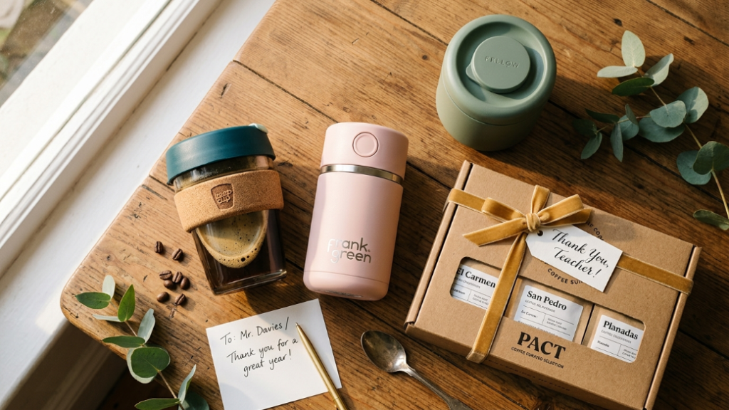 Premium teacher coffee gifts under £40 and $50 showing KeepCup Brew Cork 12oz in teal Frank Green 8oz reusable cup in blush Fellow Atmos vacuum canister in sage green and Pact Coffee curated selection gift box as thoughtful premium teacher appreciation coffee gifts