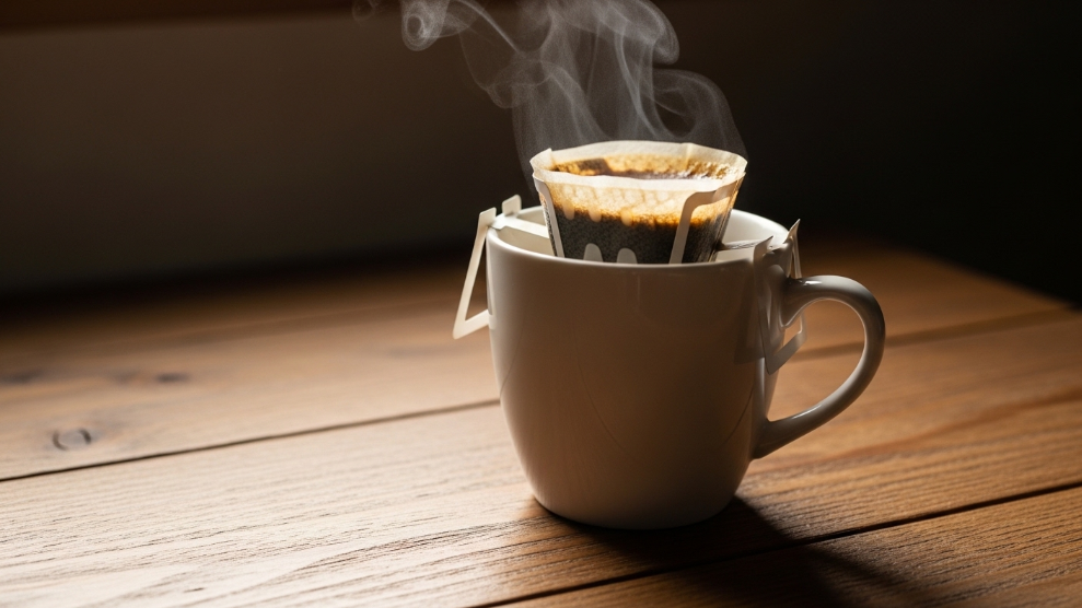 Drip filter coffee in a white ceramic mug showing amber colour and caffeine amount