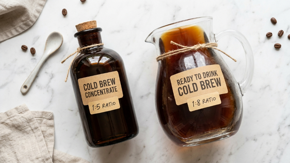 Two containers showing cold brew concentrate ratio 1:5 and ready to drink cold brew ratio 1:8 side by side.