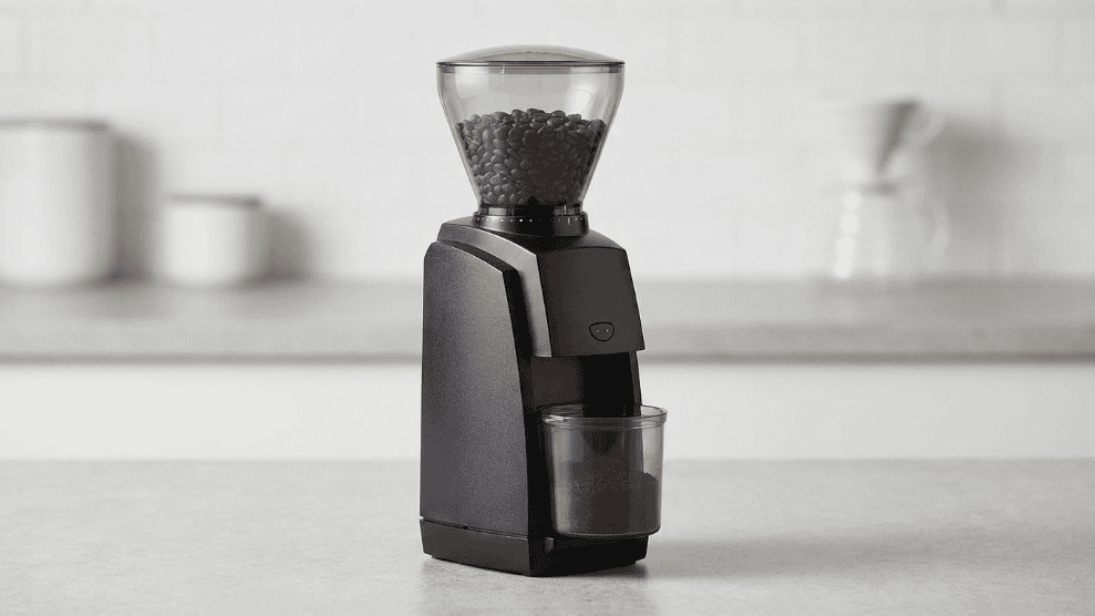 Baratza Encore ESP electric burr coffee grinder in black on a kitchen counter
