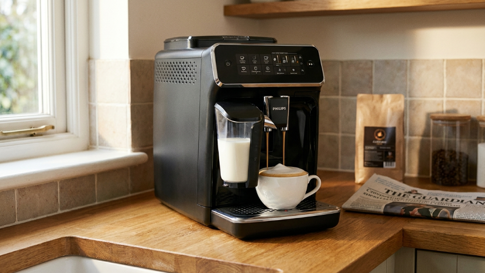 Philips 5400 Series LatteGo bean to cup coffee machine in black with LatteGo milk container on a kitchen counter