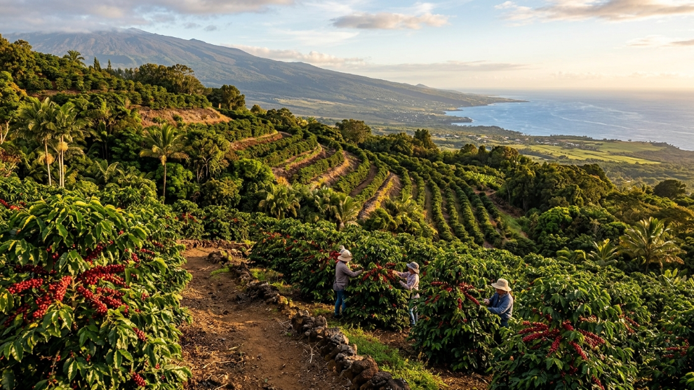 Kona coffee farm on the Big Island of Hawaii with volcanic slopes and Pacific Ocean in background