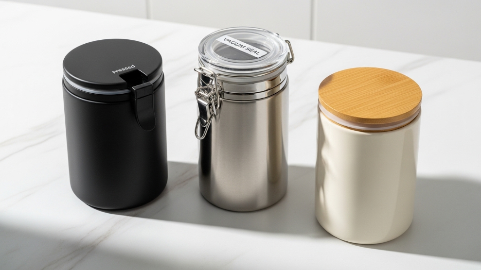 Best coffee storage containers including Airscape and Fellow Atmos side by side on a kitchen counter.