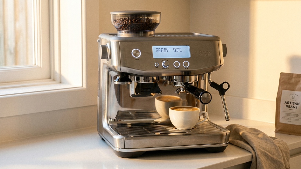 Sage Barista Pro espresso machine with thermojet heater and LCD display brushed stainless steel on a kitchen counter
