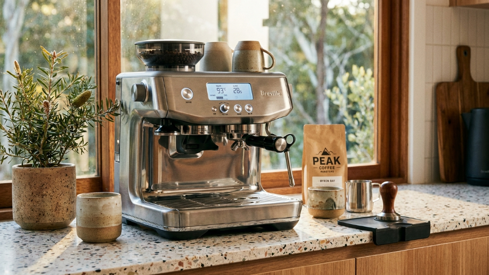 Breville Barista Pro espresso machine with LCD display and 30 grind settings on an Australian kitchen counter