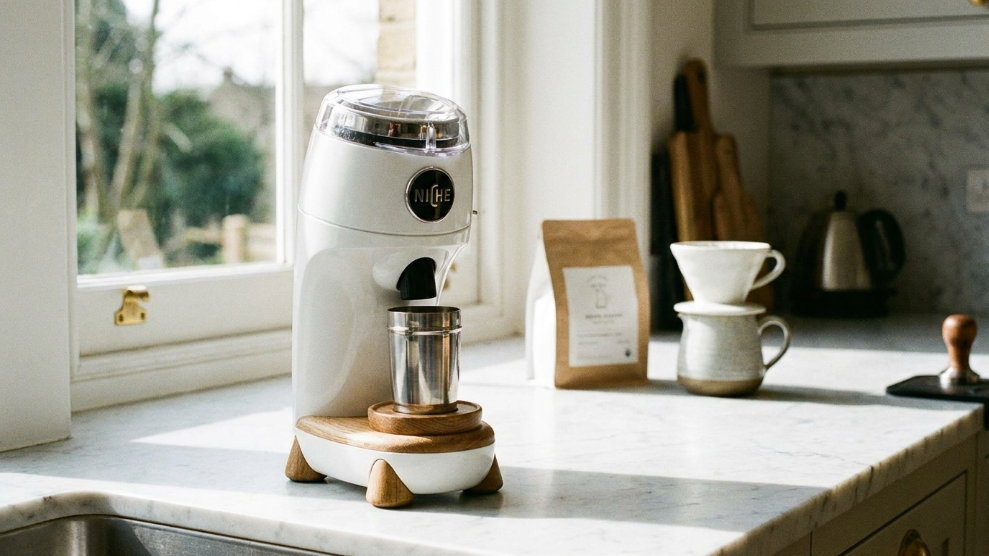 Niche Zero single dose espresso grinder in white on a premium kitchen bench showing zero grind retention design