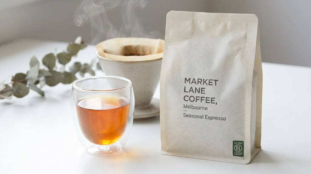 Market Lane Coffee specialty beans bag with B-Corp certification logo and Queen Victoria Market Melbourne background