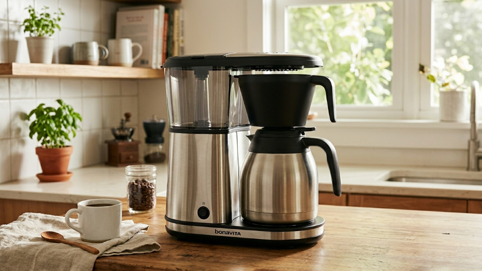 Bonavita Connoisseur 8-Cup drip coffee maker with shower head and thermal carafe on a kitchen bench