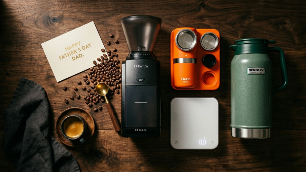 Luxury coffee gifts for dad over 100 dollars showing OutIn Mino portable espresso maker in orange Baratza Encore ESP electric burr grinder in black Stanley Classic vacuum carafe in green and Ember Smart Mug 2 as luxury Father's Day birthday gift ideas for serious coffee dads