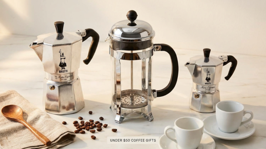 Coffee gifts under 50 dollars for French press and stovetop including Bodum Chambord 8-cup French press in chrome Bialetti Moka Express 6-cup stovetop espresso maker in classic silver and Bialetti Mini Express 2-cup stovetop espresso with demi-tasse cups as classic coffee equipment gifts under $50