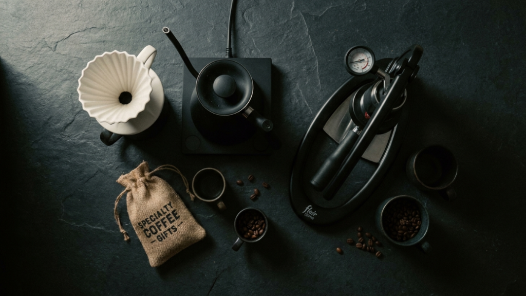 Premium brewing equipment gifts for coffee snobs showing Origami ceramic dripper in matte white with Hario V60 paper filter Fellow Stagg EKG Pro gooseneck kettle matte black and Flair 58 Plus lever espresso machine in black as aspirational home barista brewing gifts