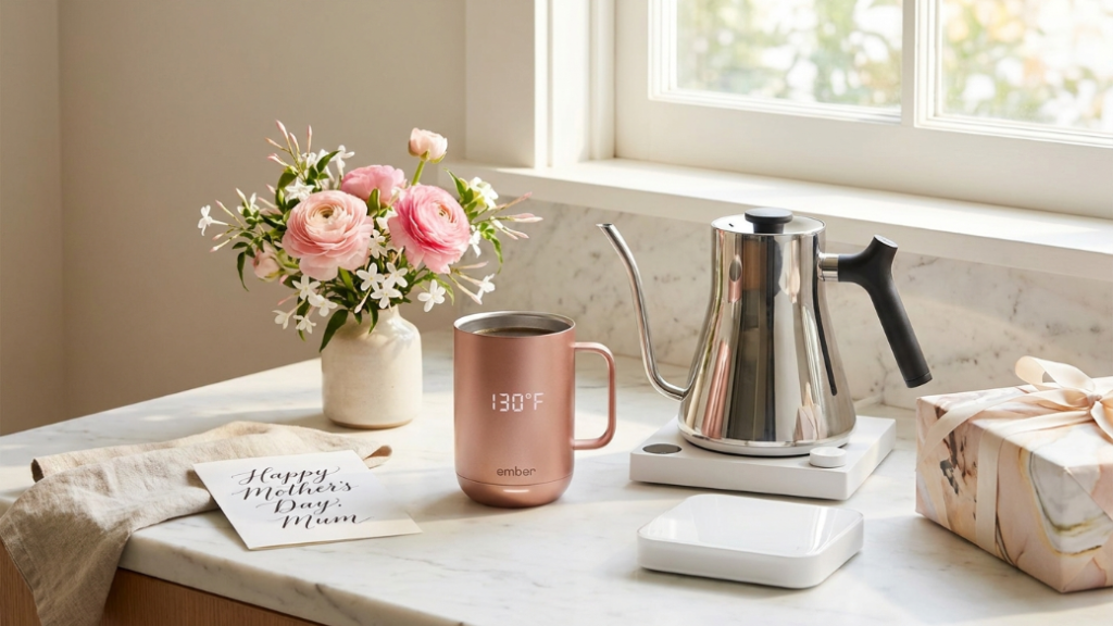 Luxury Mother's Day coffee gifts showing Ember Smart Mug 2 in rose gold with temperature display glowing Fellow Stagg EKG gooseneck kettle in polished chrome and Acaia Pearl scale in white as luxury gifts for mum who loves coffee