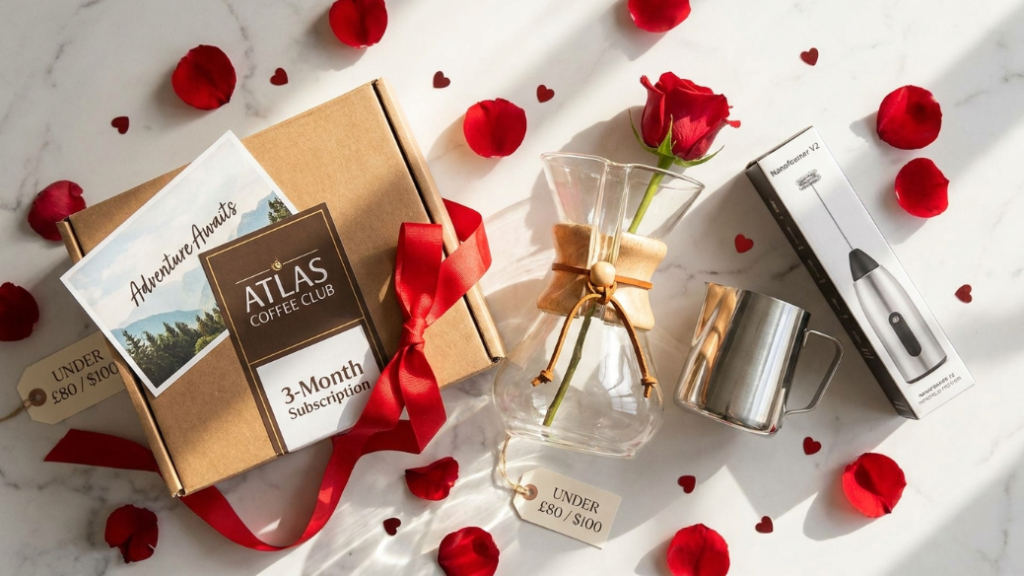 Premium Valentine's Day coffee gifts under 100 pounds showing Atlas Coffee Club 3-month subscription gift box with origin postcard Chemex 3-cup glass coffee maker with red rose placed beside it and a home latte art kit with small milk pitcher nanofoamer and specialty espresso beans as romantic premium gifts for coffee lovers