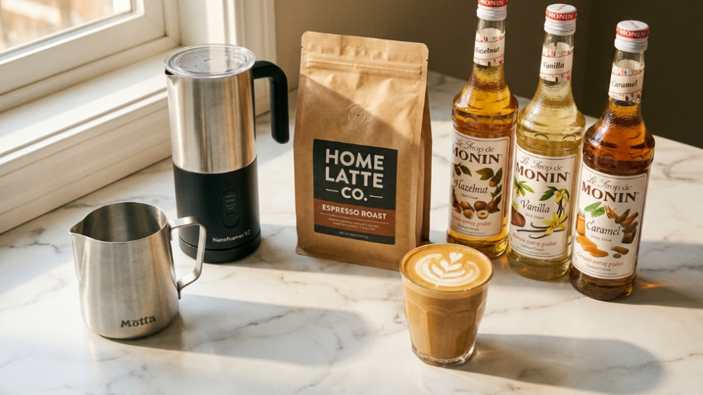 Latte at home coffee starter kit showing Nanofoamer V2 milk frother Motta 12oz stainless milk pitcher Monin syrup set and specialty espresso coffee beans as the complete latte starter kit for making café quality flat whites and lattes at home