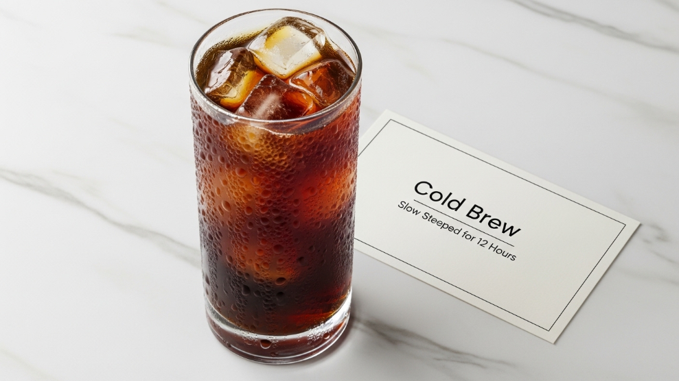 Cold brew coffee in a tall glass over ice showing dark amber colour and high caffeine warning card.