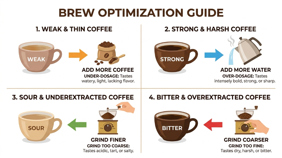 Diagram showing how to adjust coffee ratio based on whether coffee tastes weak strong sour or bitter.
