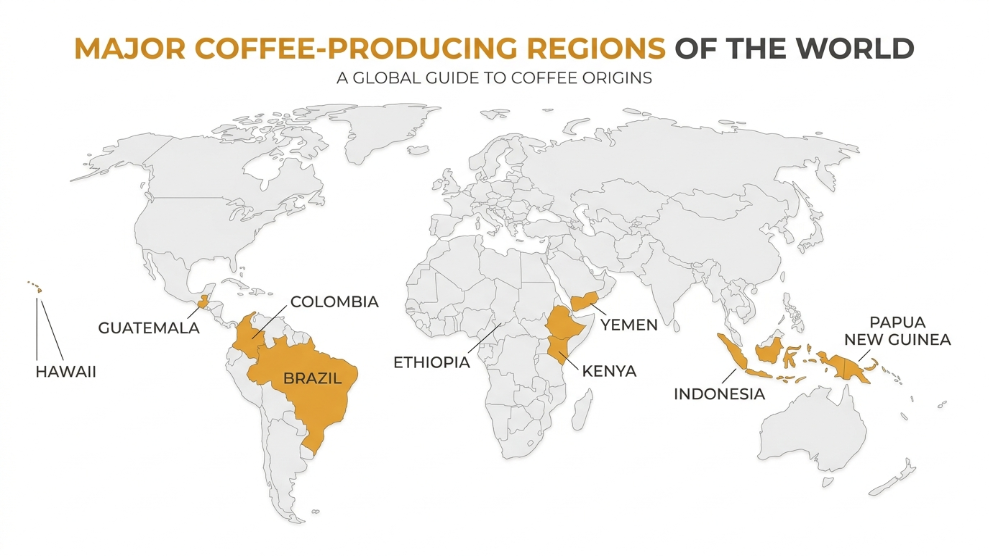 World map showing major specialty coffee producing regions including Ethiopia Colombia Kenya Brazil Guatemala and Hawaii