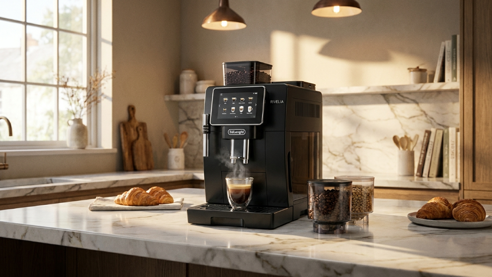 De'Longhi Rivelia bean to cup coffee machine with dual swappable bean hoppers and touchscreen interface