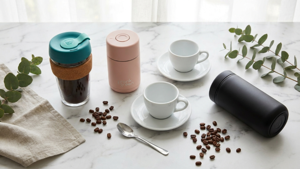Coffee cup and mug gifts under 50 dollars showing KeepCup Brew Cork 12oz in teal Frank Green 8oz reusable cup in blush NotNeutral Lino espresso cups set in white and Fellow Carter Move travel mug in black as the best reusable cup and espresso cup gifts under $50