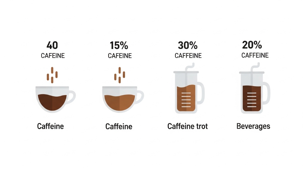 Infographic showing factors affecting caffeine in coffee including grind size water temperature brew time and dose.