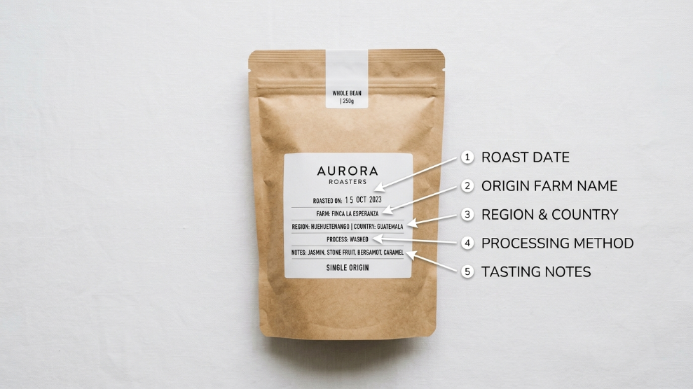 Specialty coffee bag showing roast date farm name origin region and processing method labels