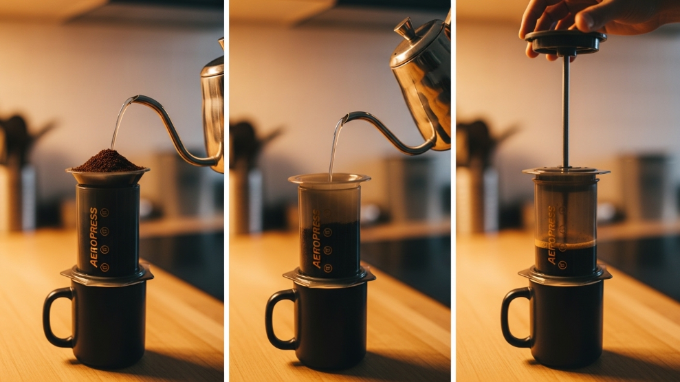 AeroPress brewing step by step showing coffee grounds being added and plunger being pressed.