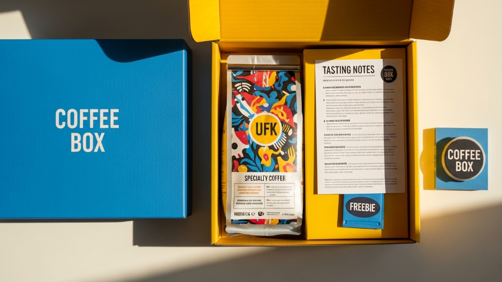 Blue Coffee Box multi-roaster UK coffee subscription box open showing kraft paper bag tasting notes card and freebie