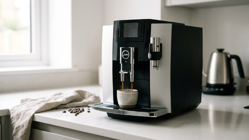 Jura E6 bean to cup coffee machine in platinum silver Swiss design on a UK kitchen counter with espresso being dispensed