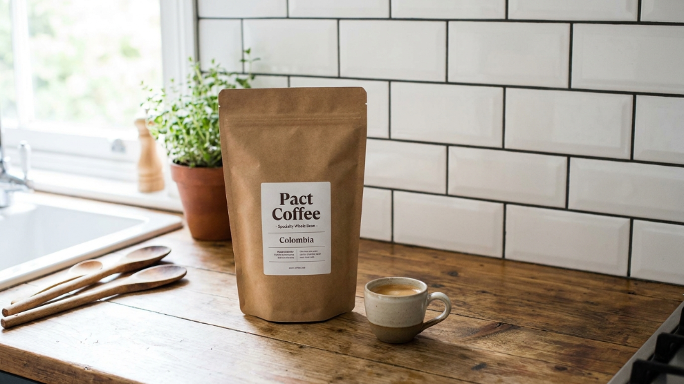Pact Coffee UK specialty subscription bag on a British kitchen countertop
