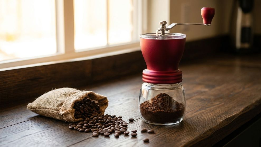 Comandante C40 MK4 premium manual coffee grinder in red with glass catch jar