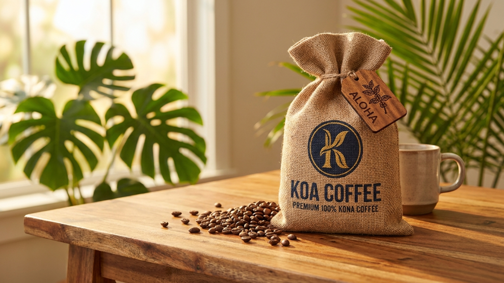 Koa Coffee 100 percent Hawaiian Kona subscription bag with Kona district branding